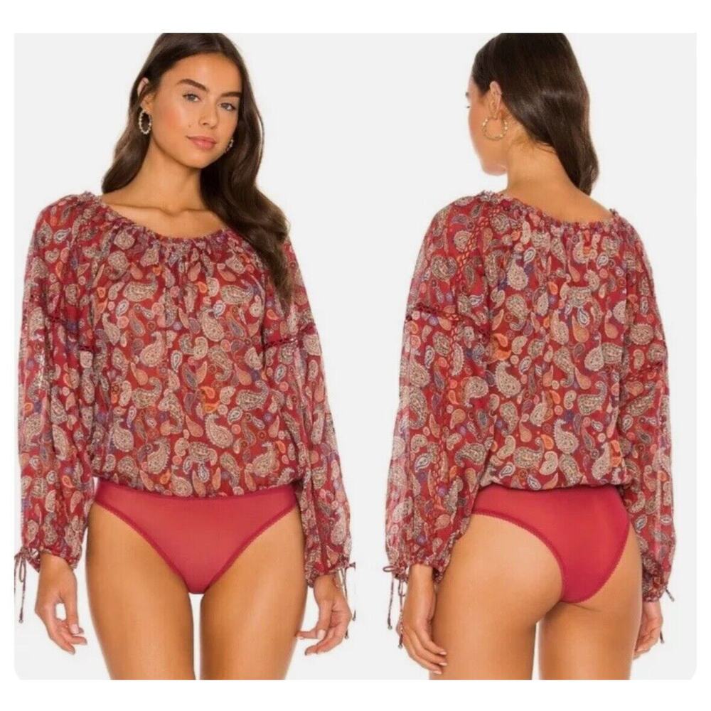 Free People Intimately Free Large Red Sundown Boho Bodysuit Paisley Print